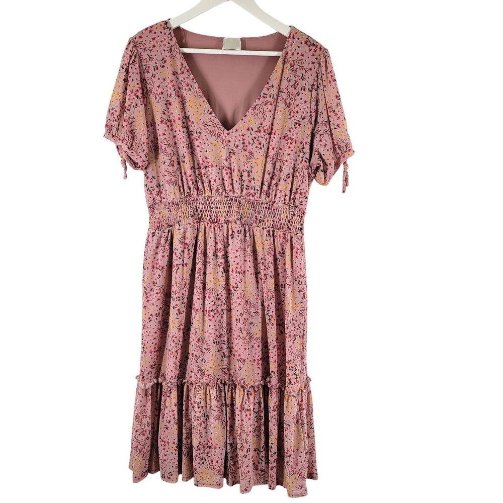 Sirenlily Floral Dress‎ Womens 2X Pink Smocked Waist Tiered Ruffle V-Neck